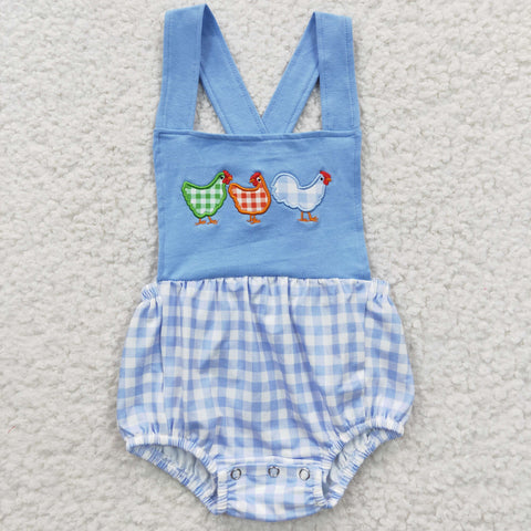 Toddler embroidery chicken blue one piece romper