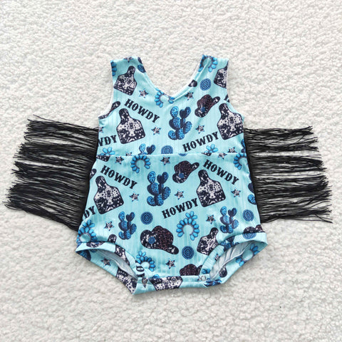 Howdy cactus baby blue fringe western romper