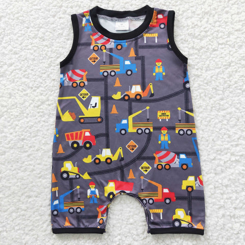 Sleeveless tractor pattern little boy romper