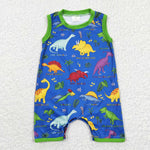 Newborn boys dinosaur blue sleeveless romper