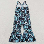 Turquoise cow print girls strap jumpsuit