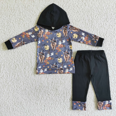 Boy Floral Highland Cow Long Sleeve Hoodie Black Long Pants Outfit
