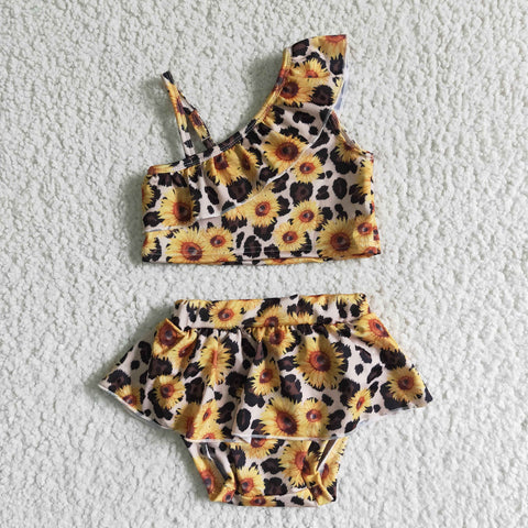 Girl Sunflower Print Ruffles Leopard 2 Pieces Swimsuits