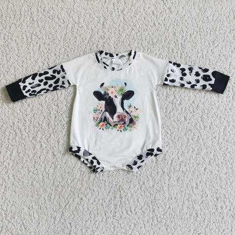 Black And White Long Sleeve Cow Print Baby Girls Romper