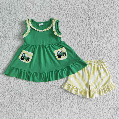 Green Truck Print Sleeveless Pockets Baby Girls Clothes Shorts Outfit