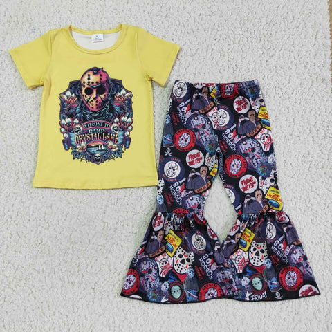 Cartoon Print Yellow Short Sleeve Shirt Girls Clothing Set