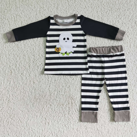 Boy Clothes Cute Ghost Embroidery Stripe Long Sleeve Long Pants Outfit