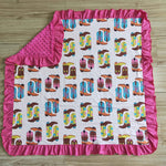 Boots Print Hot Pink Minky Baby Ruffle Blankets