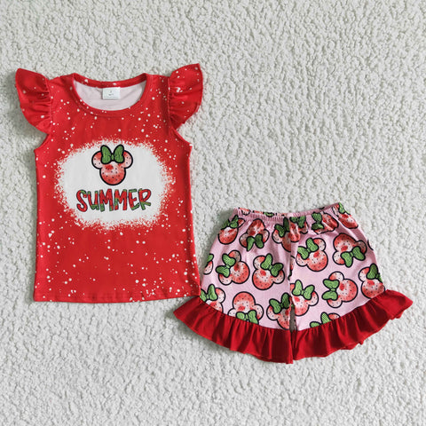 Girls Red Summer Strawberry Flutter Sleeve Top Lace Shorts Outfit