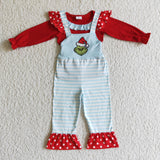 Fall Clothes Outfit Red Polka Dot Shirt Green Monster Print Blue Stripe Overall Long Pants Sets