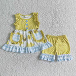 GSSO0086 Yellow Sleeveless Pockets Bee Print Baby Girls Clothes Shorts Outfit-promotion 2024.6.15