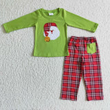 Christmas Boy Green Santa Embroidery Long Sleeve Red Plaid Long Pants Outfit