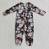 LR0116 Black Flower Print Long Sleeve Baby Toddler Clothes Button Romper-promotion 2024.11.23