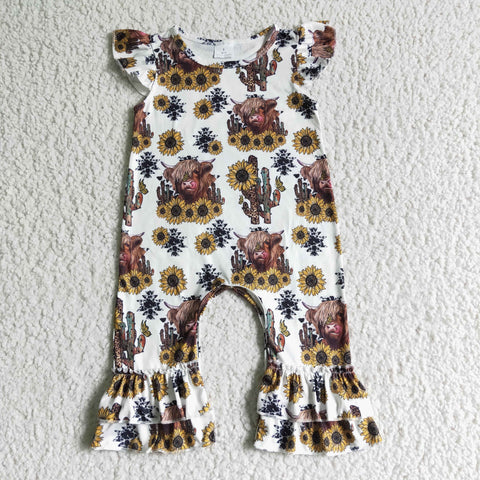 Infant Baby Girl Flutter Shirt Highland Cow Sunflower Baby Summer Romper