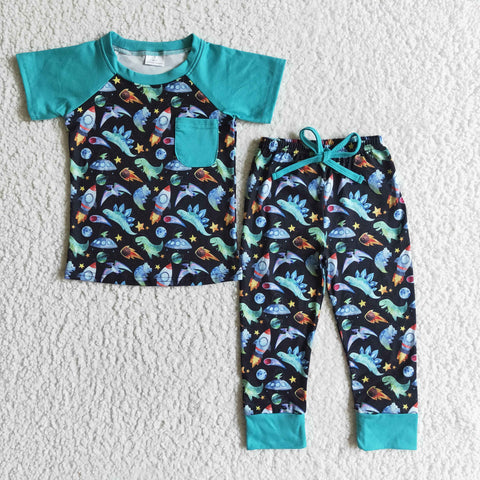 Boys Clothing Blue Dinosaur Print Short Sleeve Pocket Elastic Rope Pants Outfit
