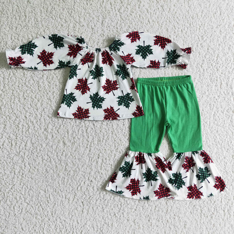 GLP0160 Green Red Green Plaid Leaves Girls Christmas Clothing Set-promotion 2024.10.12