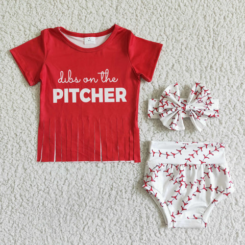 GBO0002 Red Baseball Letter Print Shirt Tassels Bummies Baby Outfits-promotion 2024.6.8