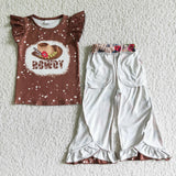 Summer Girl Brown Hat Cactus Print Flutter Sleeve Shirt Ruffle Lace Pants Girl Outfit