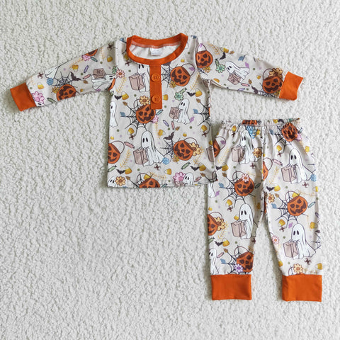 Boy Orange Pumpkin Cute Ghost Print Long Sleeve Long Pants Pajamas Outfit