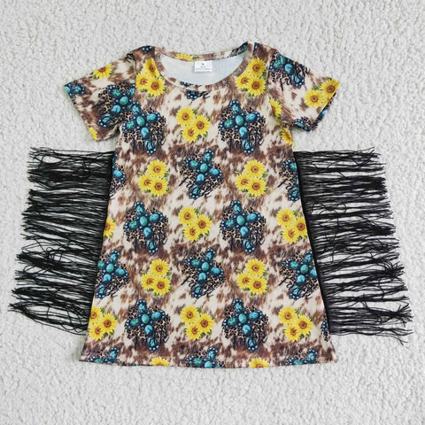 Girl Sunflower Gem Print Tassels Short Sleeve Dress