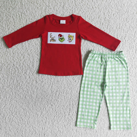 Boy Green Monster Embroidery Red Long Sleeve Plaid Long Pants Outfit