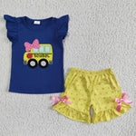 Back To School Bus Blue Embroidery Yellow Bow Baby Girls Clothes Shorts Outfit