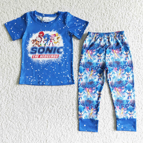 Boys Bleached Clothing Blue Letter Print Screen Short Sleeve Long Pants Outfit