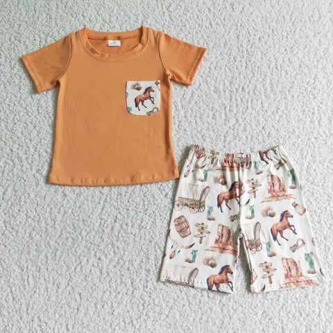 Horse Cactus Print Pocket Baby Boy Summer Short Outfit