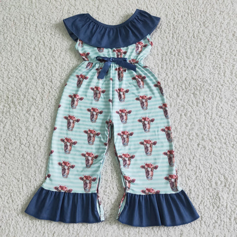 Bull Head Flying Sleeve Lace Butterfly Stripe Girls Summer Jumpsuit