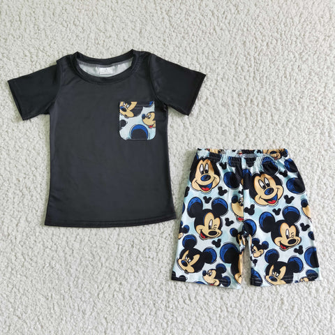 BSSO0053 Black Pocket Cute Cartoon Print Baby Boy Summer outfits-promotion 2024.4.13
