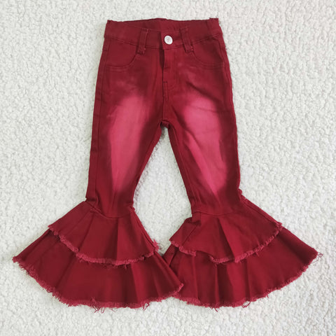 Wine Red Denim Pants Double Lace Girls Ruffle Jeans