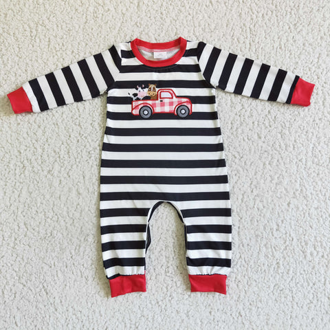 Farm Boy Black And White Stripe Car Cow Embroidery Print Long Sleeve Baby Romper