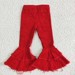 Red Denim Pants Double Lace Girls Ruffle Jeans