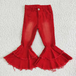 Red Denim Pants Double Lace Girls Ruffle Jeans