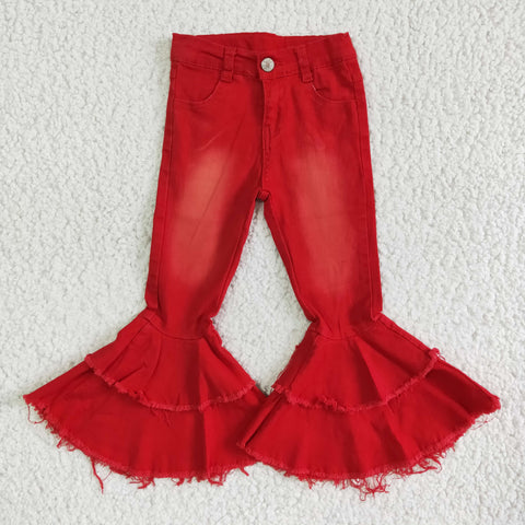 Red Denim Pants Double Lace Girls Ruffle Jeans