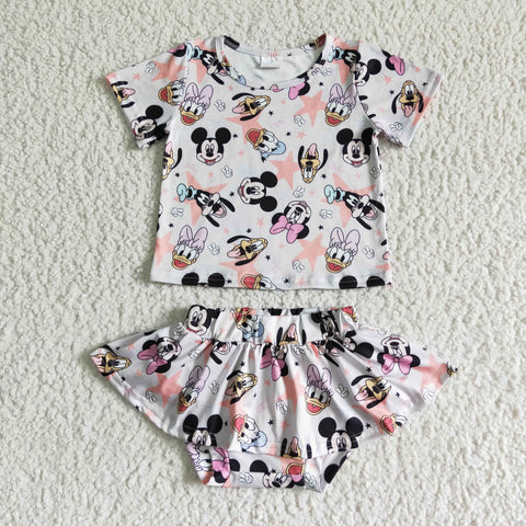 Short Sleeve Shirts Bow Print Bummies With Skirt Baby Outfits