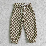 Khaki Hound's-tooth Plaid Functional Drawstring Pocket Kids Cotton Pants
