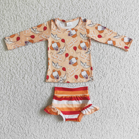 Baby Orange Float Paper Boat Print Long Sleeve Stripe Bummies Outfit