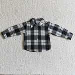 Black White Plaid Cotton Pocket Boy Thin Flannel Button Up Shirt