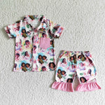 Pink Short Sleeve Shirt Shorts With Button Cute Cartoon Print Girls Summer Outfit