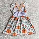 Fall Girls Embroidery Pumpkin Flutter Sleeve Button Lace Dress