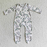 Fishing Nets Print Long Sleeve Baby Boy White Zipper Romper