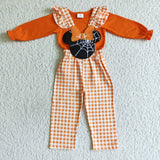 Fall Girl Overall Set Orange Long Sleeve Shirt Mouse Print Plaid Pants Outfit