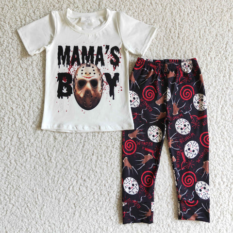 White Letter Mask Print Short Sleeve Shirt Red Pants Boy Clothing Outfit