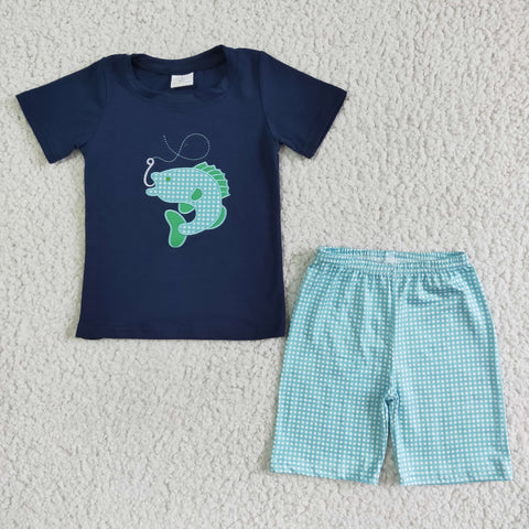 Boy Fishing Embroidery Cotton Short Sleeve Outfits