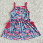 Rose Pink Sleeveless Flamingo Pocket Baby Girls Summer Dress