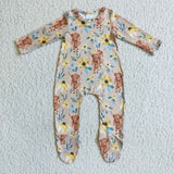 Highland Cow Floral Long Sleeve Baby Boy Zipper Romper