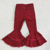 Wine Red Denim Pants Double Lace Girls Ruffle Jeans