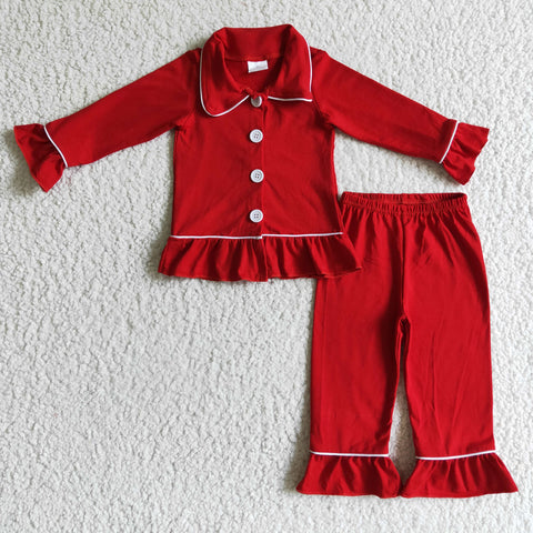 Red Solid Cotton Sleepwear Girls Christmas Red Pajamas