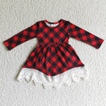 Baby Girls Red Plaid Long Sleeve Lace Dress